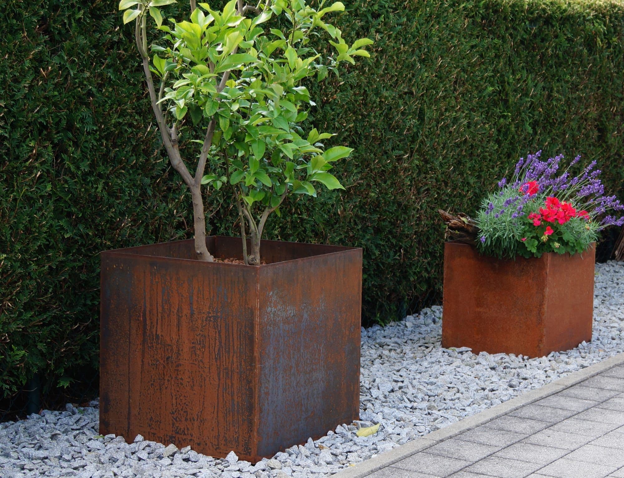 Zwei Pflanzkübel aus Cortenstahl mit Bepflanzung im Garten